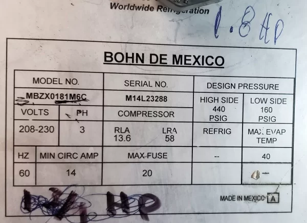 Unidad Bohn Baja Temperatura Scroll Refrigeración 1.8 Hp - Imagen 6